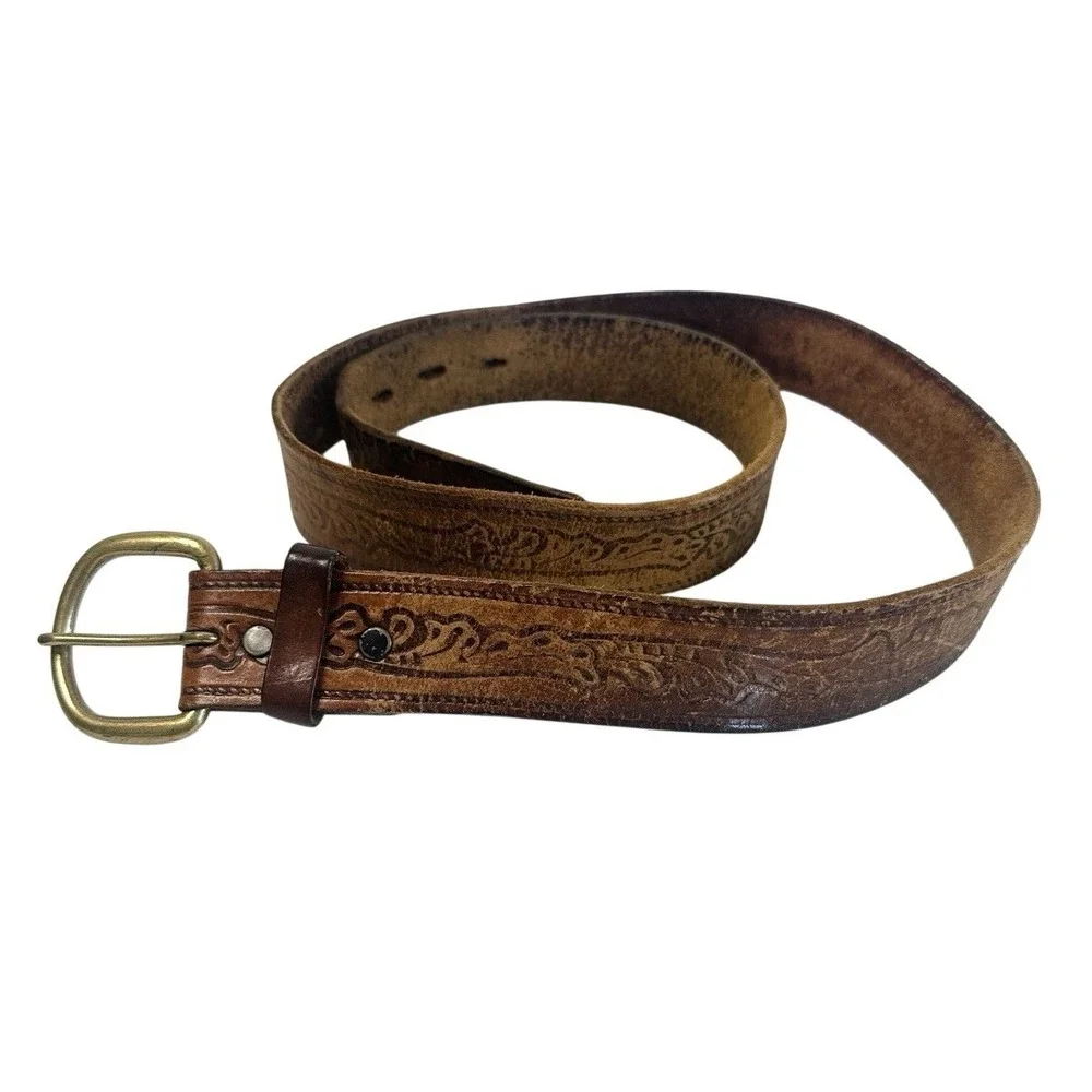 Vintage Levis 2235 Tooled Leather Belt Size 36 Brown Western Steerhide 1970s USA